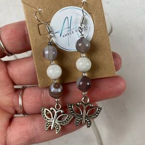 Botswana Agate Bead Butterfly Drop Earrings - White & Brown